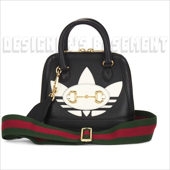GUCCI black Leather Adidas X Gucci 1955 gold Horsebit Web Trefoil Mini Bag+box๐ - Picture 7 of 12